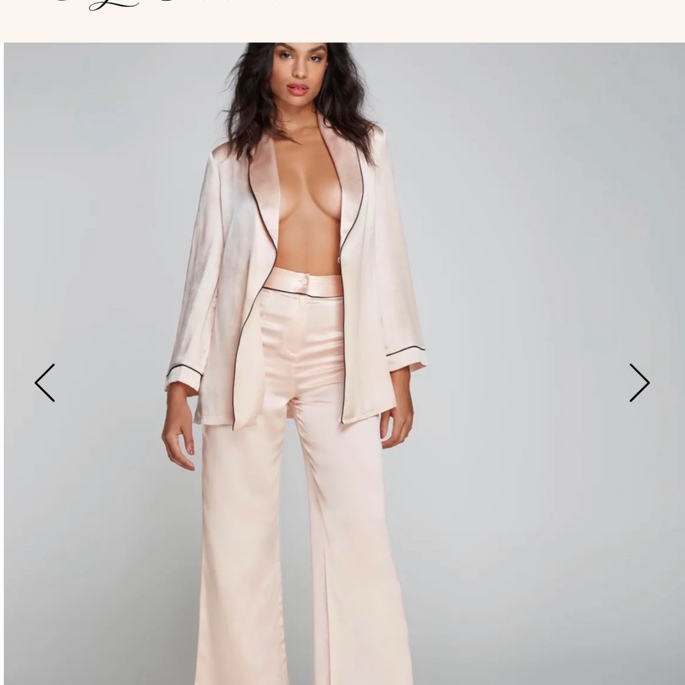 Agent Provocateur Blush Silk Wide-Leg Trousers with Black Piping